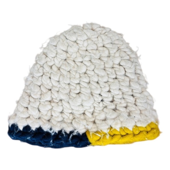 Mischa Lampert Wool Handcrafted Beanie — White & Yellow Chunky Knit Slouchy, OS